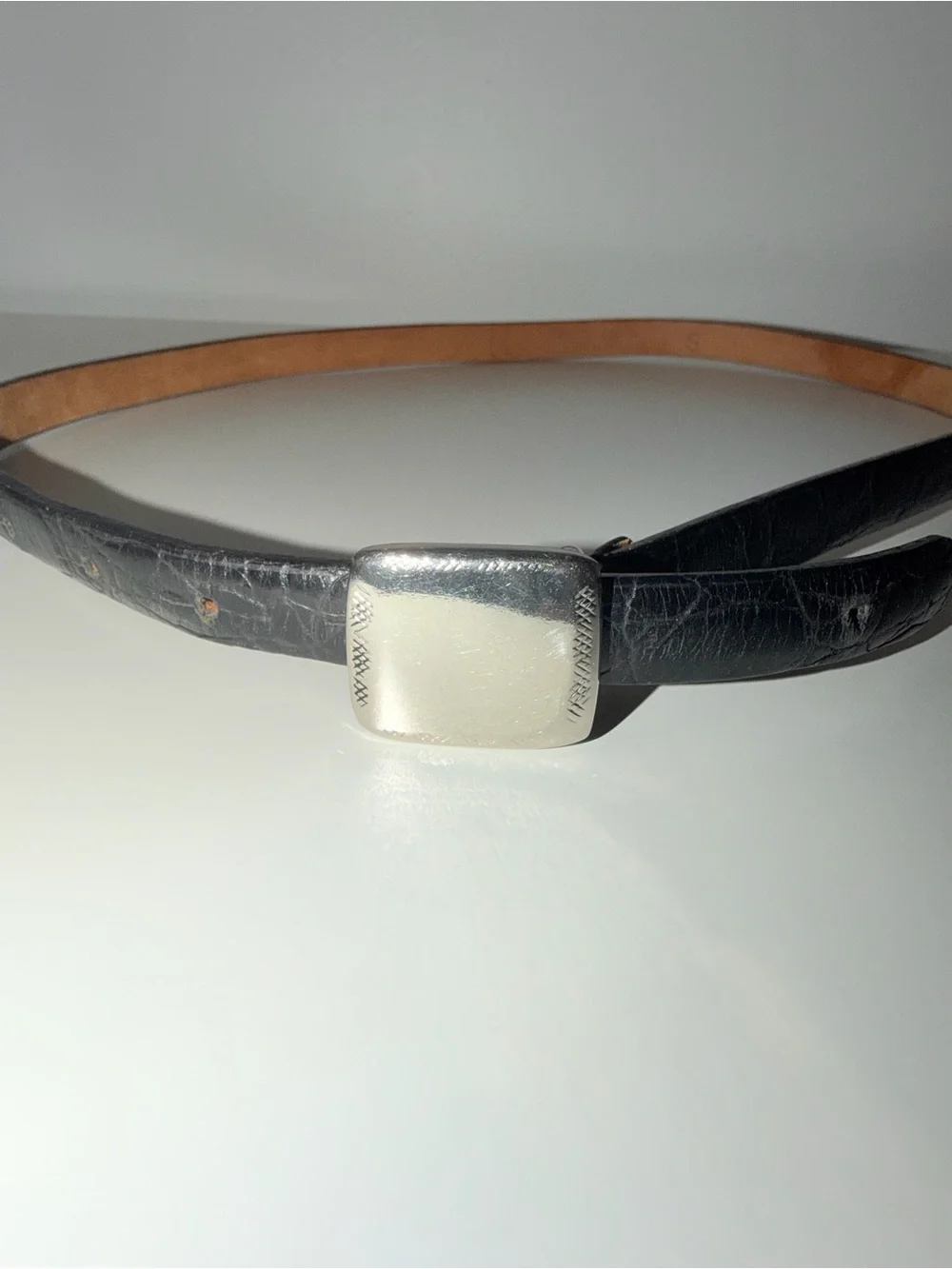 Black Genuine Leather Crocodile Embossed Thin Belt w/ Silver Square Buckle, Sz S